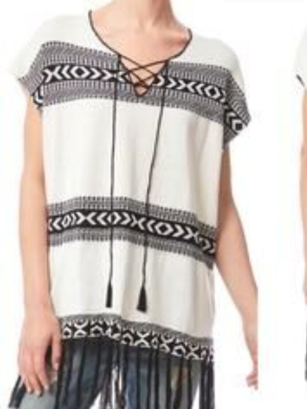 Paper Crane black and white Mexican Blanket Sweater Tassel Fringe Large